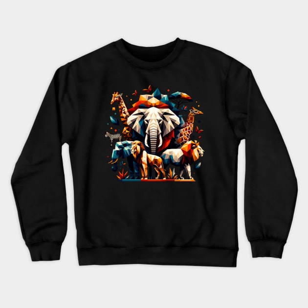 Savannah Mosaic: Geometric Wildlife Safari Crewneck Sweatshirt by Graphic Wonders Emporium